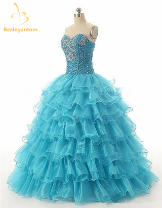 Bealegantom vestido barato 2017 Rojo Azul Vestidos de quinceañera con la bola del partido del baile de organza con cuentas de cristal dulce 16 vestidos QA934